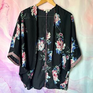 Meraki S Sheer Black Pink Floral Embroidered Kimono Boardwalk Preppy Boho Artsy